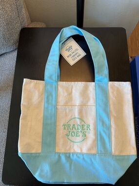 Trader Joe's Pastel Canvas Tote Bag in Light Blue and Cream